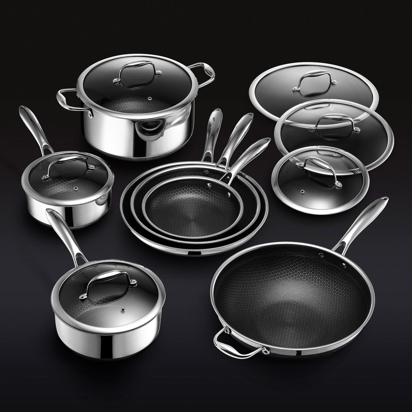 "13-delige hybride kookset met non-stick, roestvrij staal en gietijzer, inclusief diverse pannen en potten voor elke maaltijd