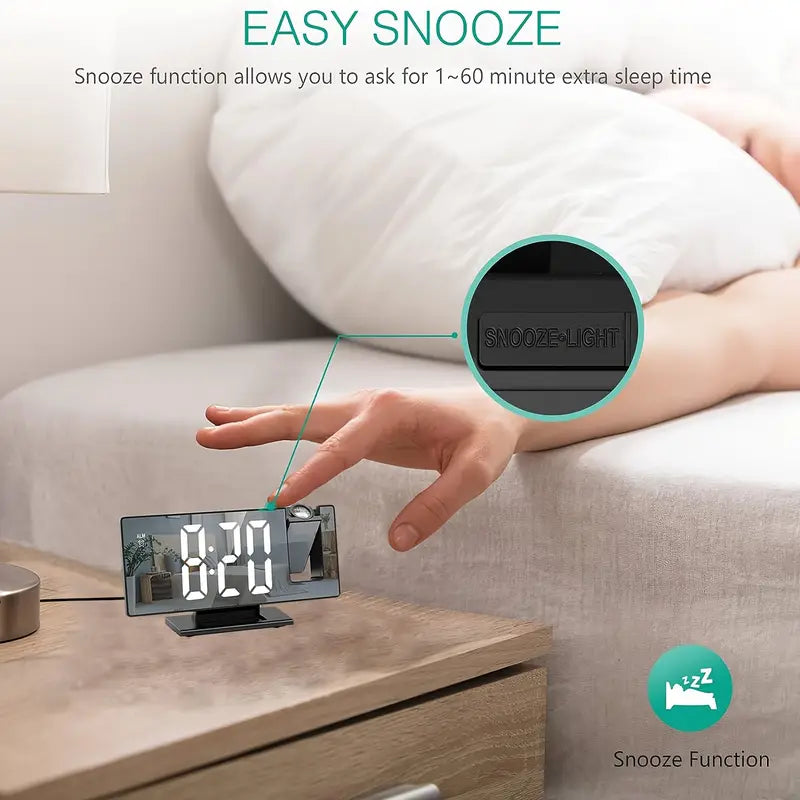 "180° LED projectiewekker met spiegelontwerp, snooze en temperatuurweergave. Compact, modern en ideaal voor slaapkamer."
