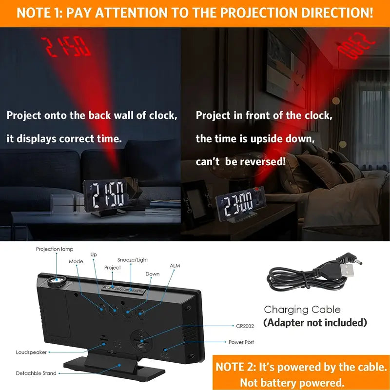 "180° LED projectiewekker met spiegelontwerp, snooze en temperatuurweergave. Compact, modern en ideaal voor slaapkamer."