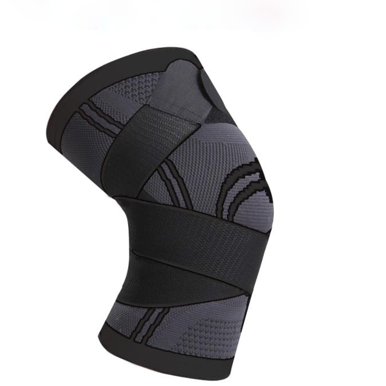 "360 compressie kniebrace, zwarte elastische stof, biedt steun bij kniepijn, geschikt voor sport en dagelijks gebruik."