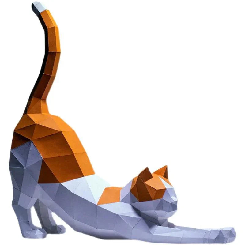 "3D papercraft kat model, DIY decorstuk, 62cm hoog, modern en uitgerekt design voor stijlvol huisdecor."