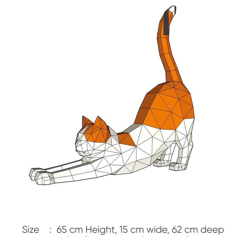 "3D papercraft kat model, DIY decorstuk, 62cm hoog, modern en uitgerekt design voor stijlvol huisdecor."