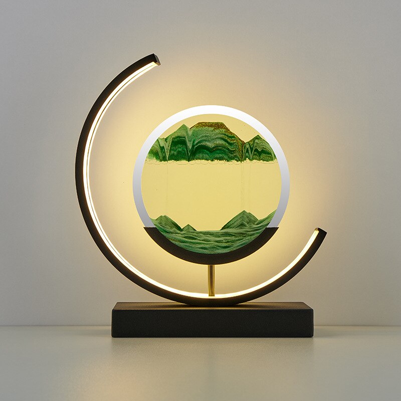 "3D zandschelp tafellamp met rustgevende zandpatronen, dynamische vormen en zachte LED-verlichting in modern acryl design."