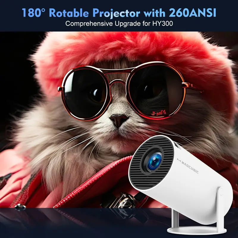 "4K mini beamer met Android 11, Dual WiFi 6; compacte projector in wit, geschikt voor thuisentertainment in hoge resolutie."