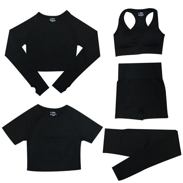 "5-delige dames sportset, met trendy top en hoge taille legging, perfect voor stijl en comfort tijdens elke activiteit."