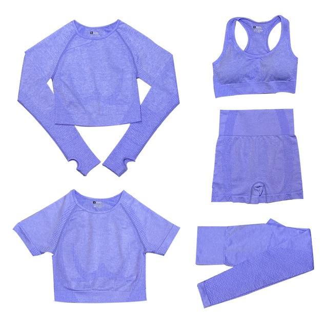 "5-delige dames sportset, met trendy top en hoge taille legging, perfect voor stijl en comfort tijdens elke activiteit."
