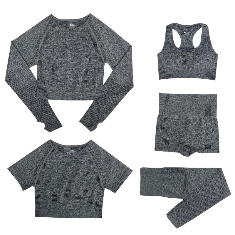 "5-delige dames sportset, met trendy top en hoge taille legging, perfect voor stijl en comfort tijdens elke activiteit."