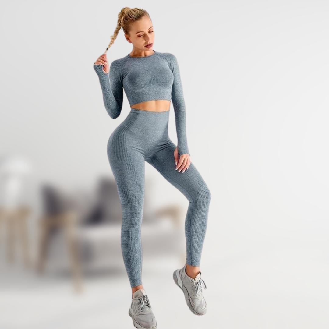 "5-delige dames sportset, met trendy top en hoge taille legging, perfect voor stijl en comfort tijdens elke activiteit."