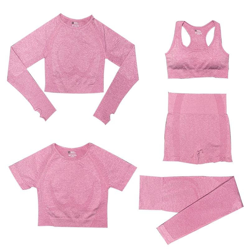"5-delige dames sportset, met trendy top en hoge taille legging, perfect voor stijl en comfort tijdens elke activiteit."