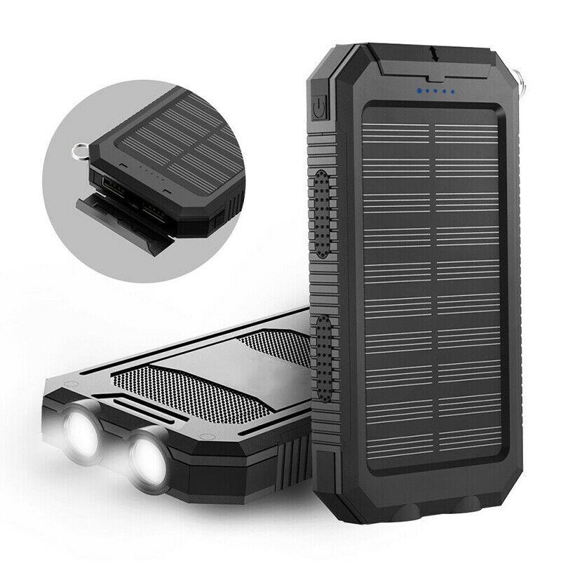 "500000mAh waterdichte zonne-oplader powerbank met dubbele USB-poorten en LED-zaklamp, ideaal voor outdoor gebruik"