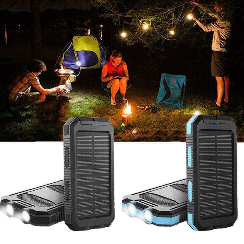 "500000mAh waterdichte zonne-oplader powerbank met dubbele USB-poorten en LED-zaklamp, ideaal voor outdoor gebruik"