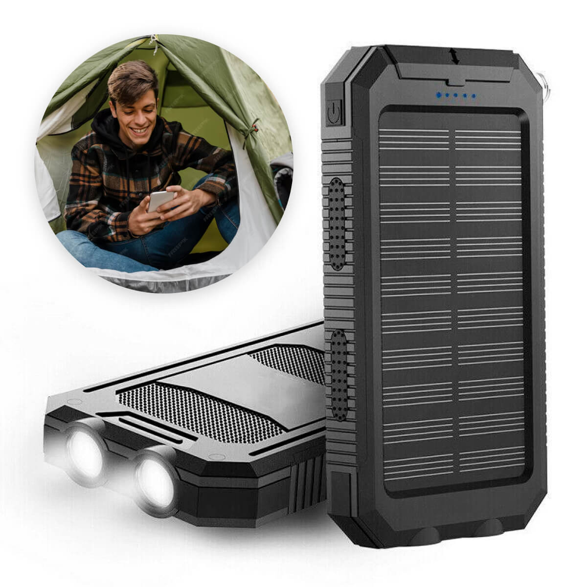 "500000mAh waterdichte zonne-oplader powerbank met dubbele USB-poorten en LED-zaklamp, ideaal voor outdoor gebruik"