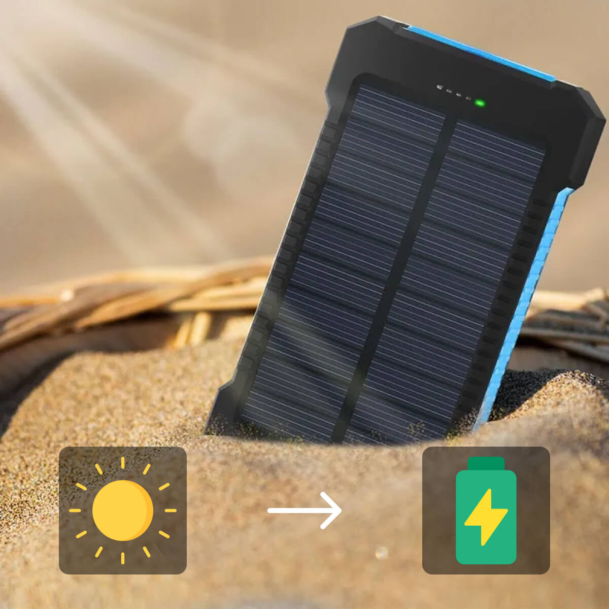 "500000mAh waterdichte zonne-oplader powerbank met dubbele USB-poorten en LED-zaklamp, ideaal voor outdoor gebruik"