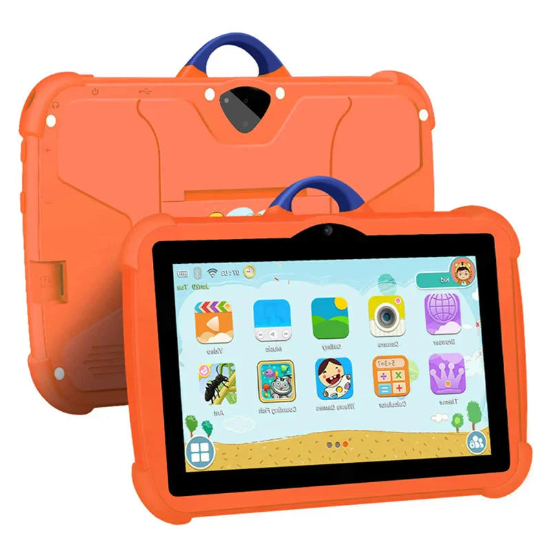 "7 inch blauwe kindertablet met 5G WiFi, 64GB opslag, stevig ontwerp, geschikt voor educatie en entertainment, zijaanzicht."