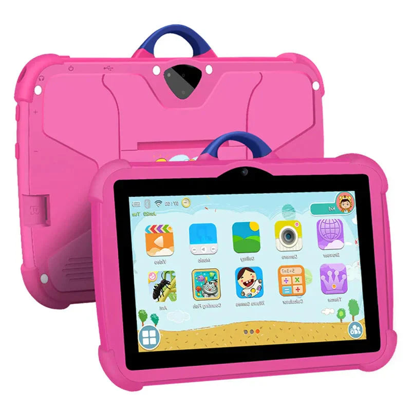 "7 inch blauwe kindertablet met 5G WiFi, 64GB opslag, stevig ontwerp, geschikt voor educatie en entertainment, zijaanzicht."