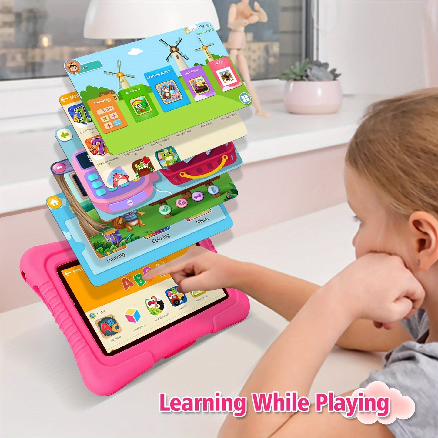 "7 inch kindertablet met oogbescherming, kleurrijk scherm en oudercontrole, ideaal voor kinderen, in siliconen hoes."