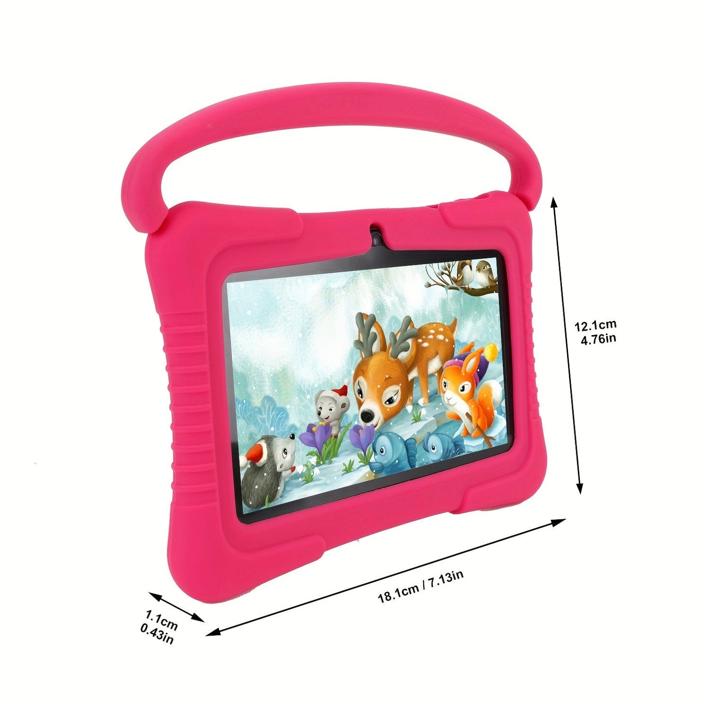 "7 inch kindertablet met oogbescherming, kleurrijk scherm en oudercontrole, ideaal voor kinderen, in siliconen hoes."