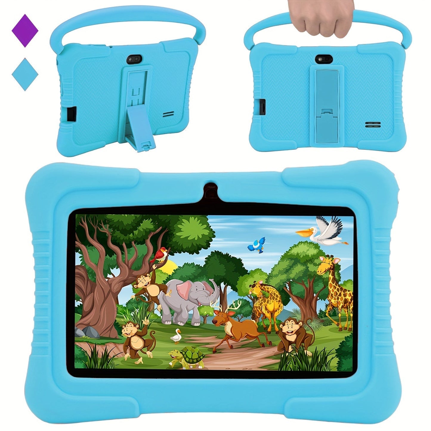 "7 inch kindertablet met oogbescherming, kleurrijk scherm en oudercontrole, ideaal voor kinderen, in siliconen hoes."