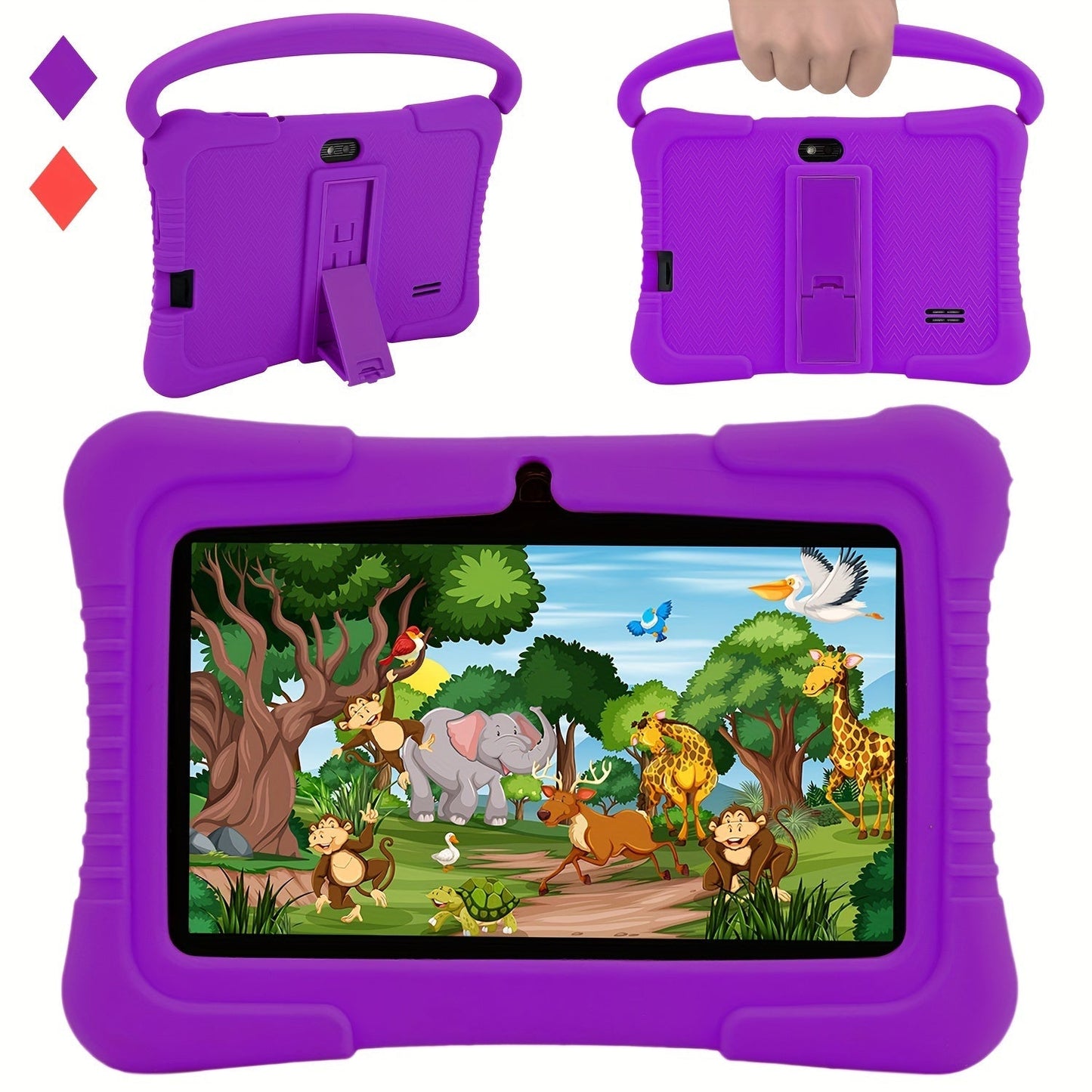 "7 inch kindertablet met oogbescherming, kleurrijk scherm en oudercontrole, ideaal voor kinderen, in siliconen hoes."