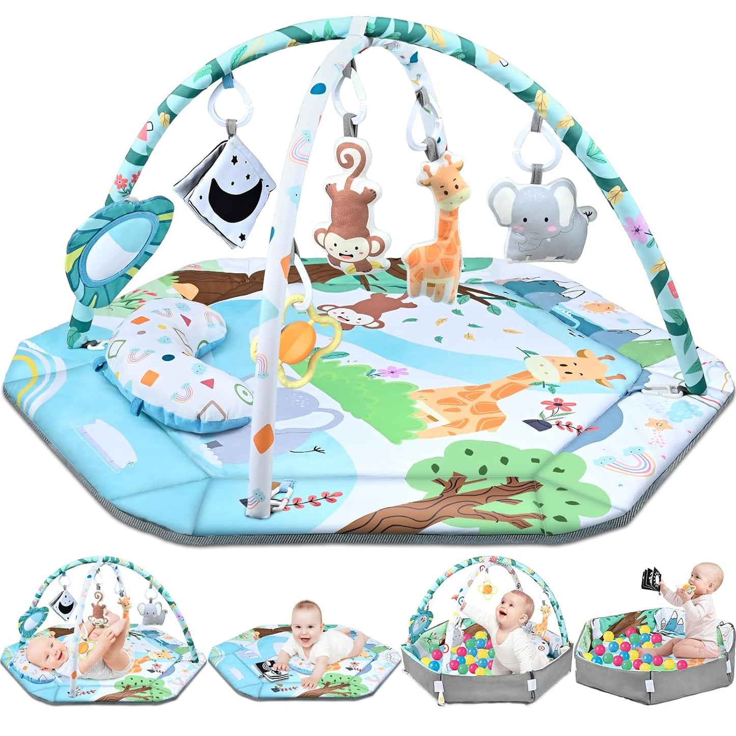 "8-in-1 baby activiteit speelkleed met kleurrijke speeltjes, balvormige elementen en wasbaar materiaal voor sensorische stimu