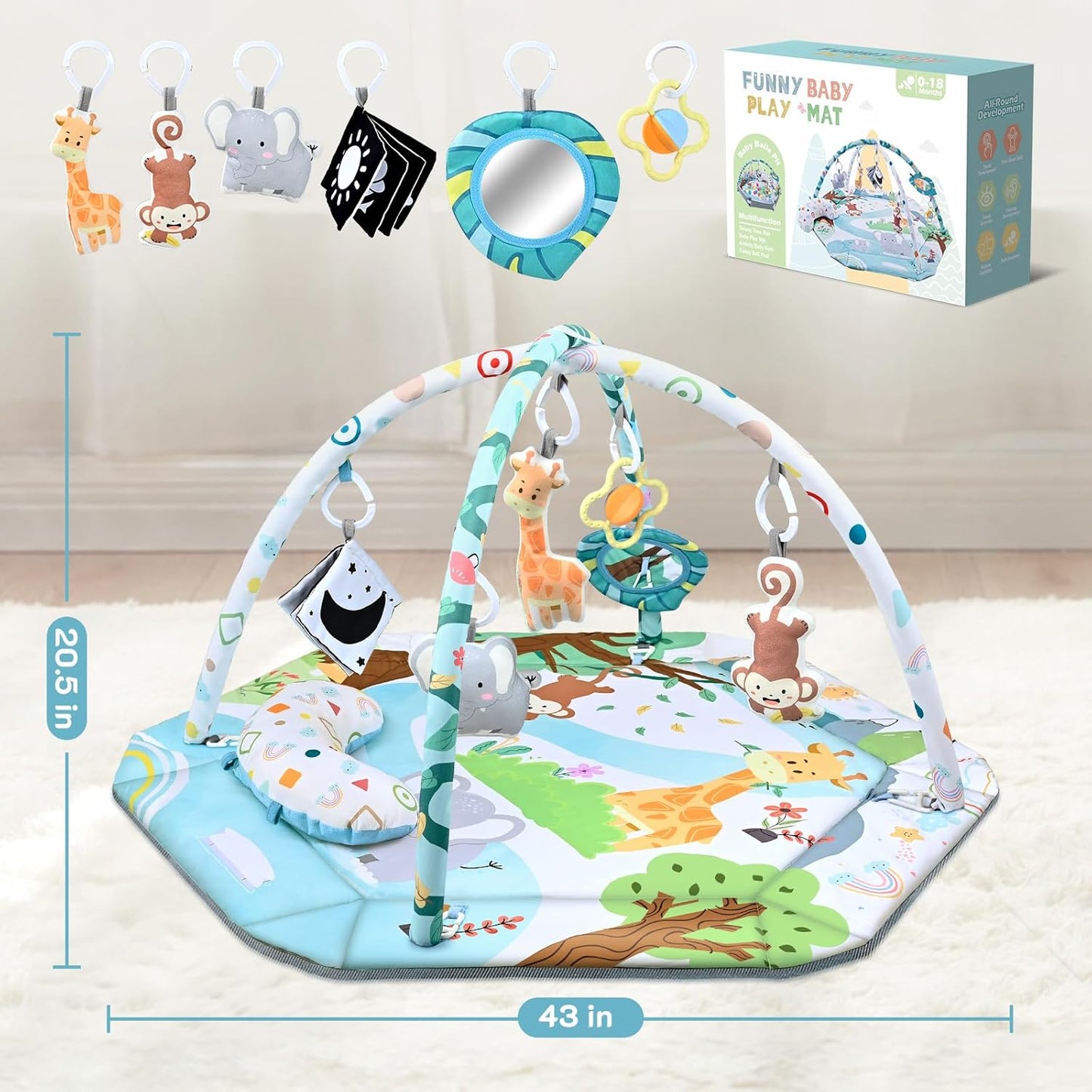 "8-in-1 baby activiteit speelkleed met kleurrijke speeltjes, balvormige elementen en wasbaar materiaal voor sensorische stimu