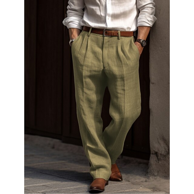 "Ademende chique linnen broek voor heren in diverse kleuren, elegante en comfortabele pasvorm."