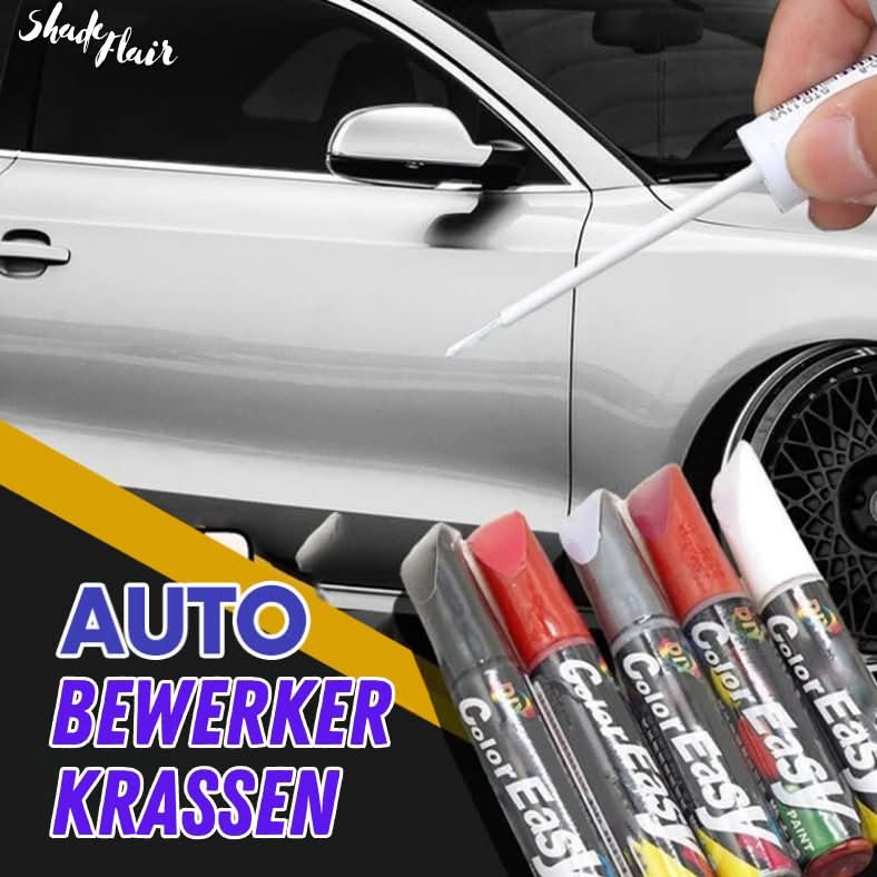 Auto retoucheerpen, zwart, met tip- en kwastapplicator, op witte achtergrond, voor het herstellen van krassen op auto's.