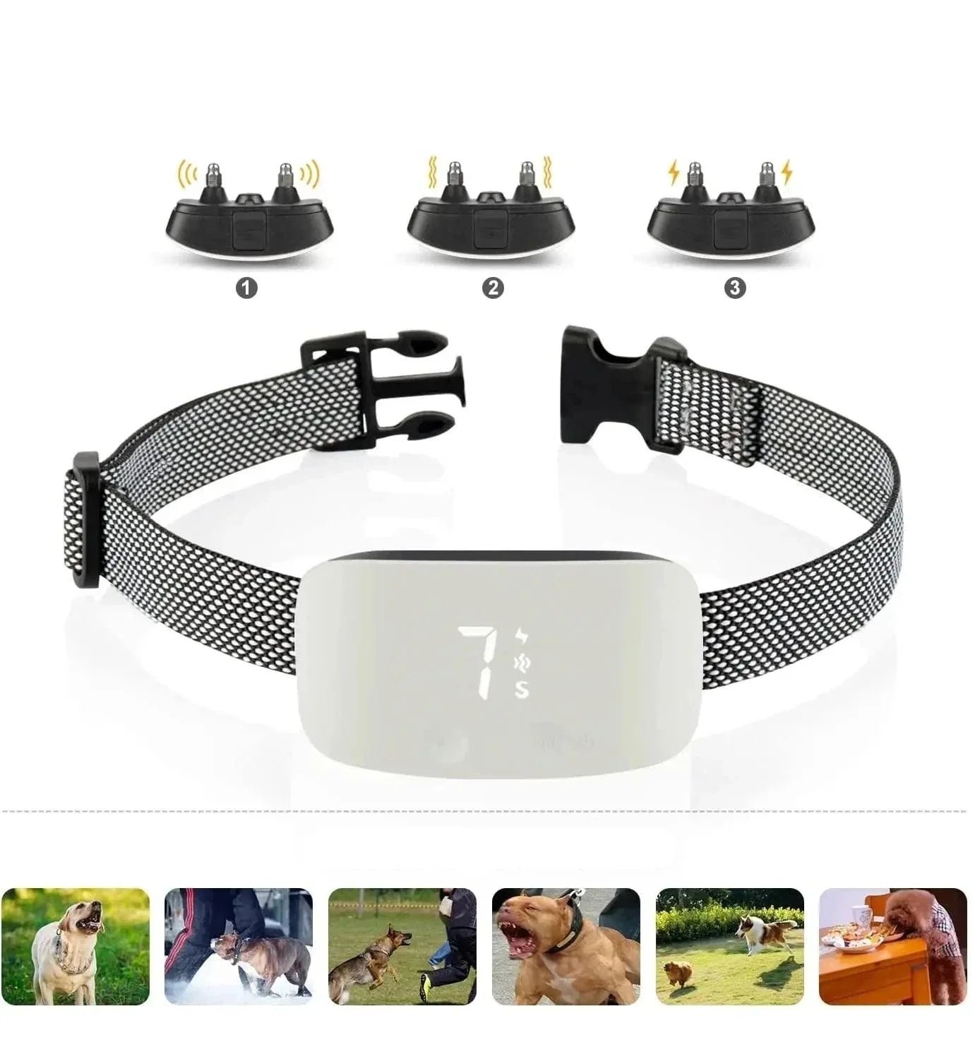 "Automatische anti-blaffende hondenhalsband, verstelbaar, waterdicht IP67, oplaadbaar, zwart-witte nylon band."
