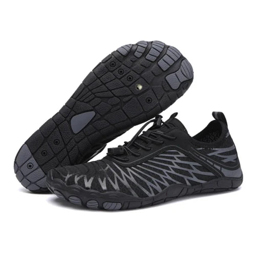 "Barefoot schoenen Allrounder met flexibele pasvorm en natuurlijke loopsensatie, beige bovenkant en minimalistische zolen."