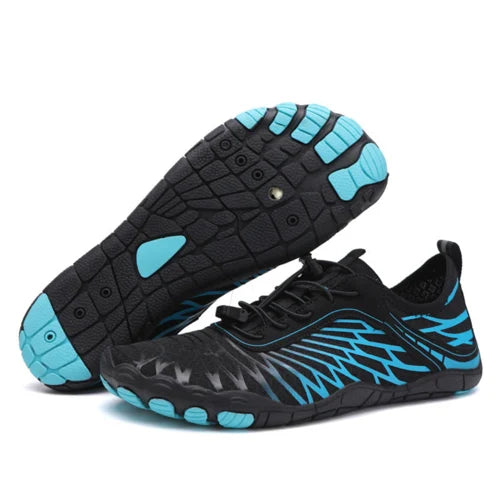 "Barefoot schoenen Allrounder met flexibele pasvorm en natuurlijke loopsensatie, beige bovenkant en minimalistische zolen."