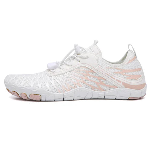 "Barefoot schoenen Allrounder met flexibele pasvorm en natuurlijke loopsensatie, beige bovenkant en minimalistische zolen."