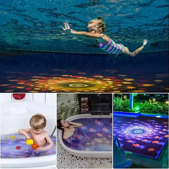 "Betoverende Aqua Party Light™ met visvormige lichtprojecties voor magische bad- en zwembadervaring"