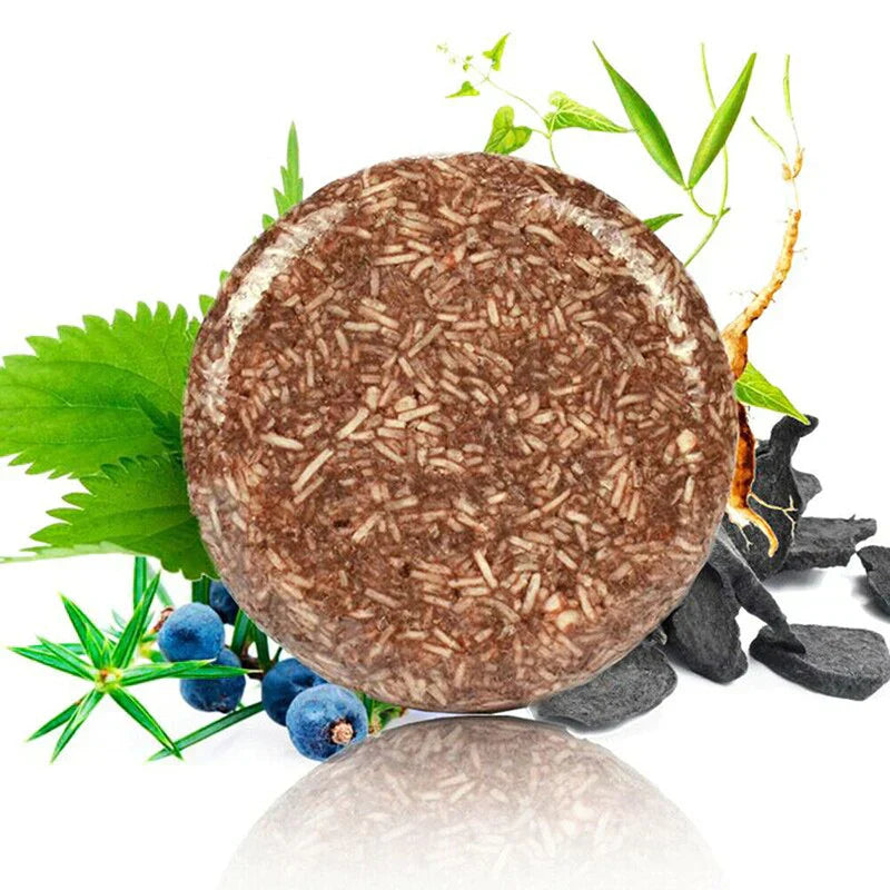 "Biologische haarverduistering shampoo; compacte bar, donkerder en voller haar, groene verpakking, natuurlijke haarverzorging