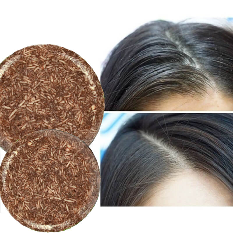 "Biologische haarverduistering shampoo; compacte bar, donkerder en voller haar, groene verpakking, natuurlijke haarverzorging