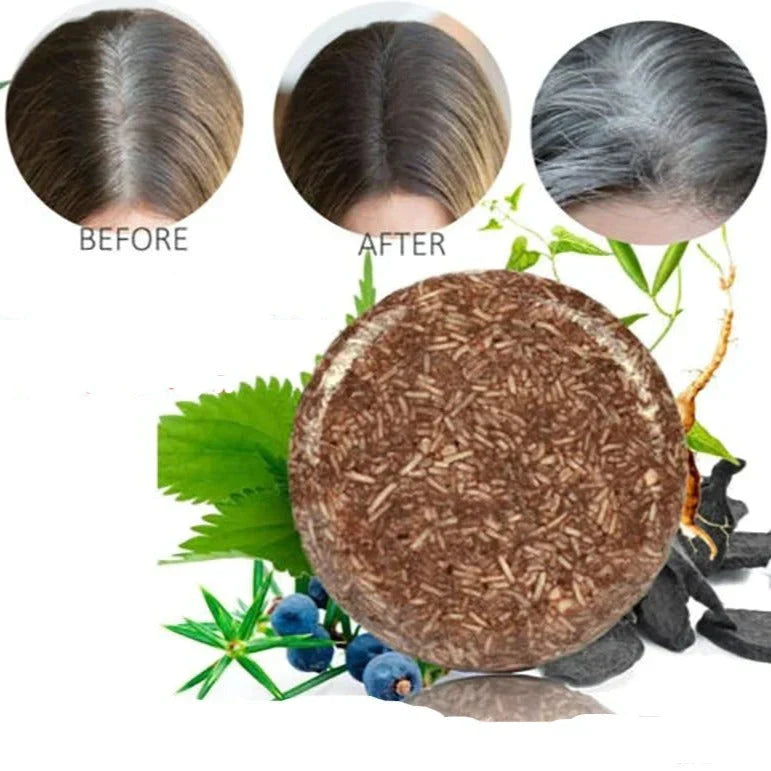 "Biologische haarverduistering shampoo; compacte bar, donkerder en voller haar, groene verpakking, natuurlijke haarverzorging