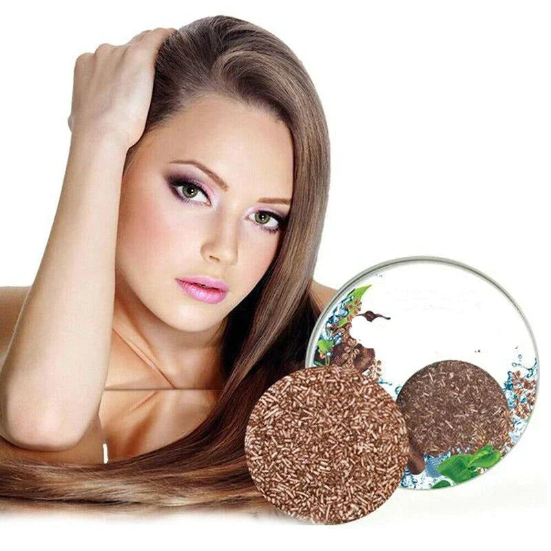 "Biologische haarverduistering shampoo; compacte bar, donkerder en voller haar, groene verpakking, natuurlijke haarverzorging