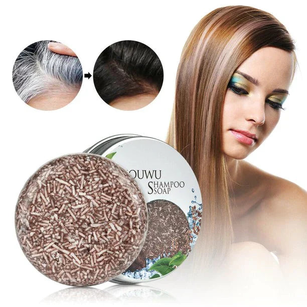 "Biologische haarverduistering shampoo; compacte bar, donkerder en voller haar, groene verpakking, natuurlijke haarverzorging