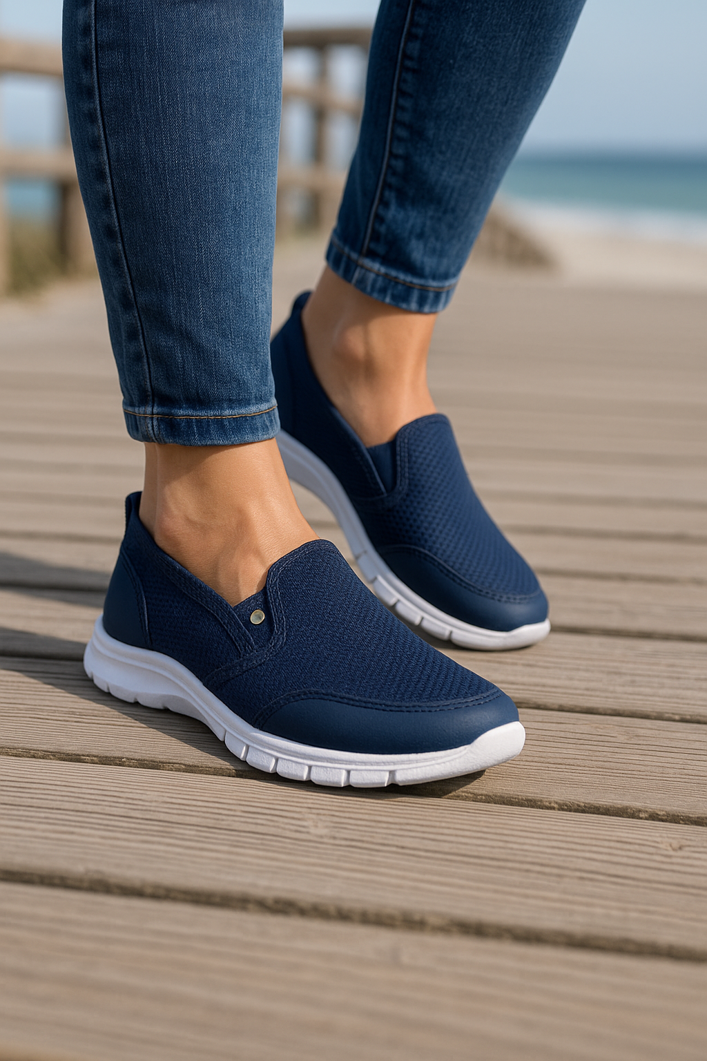 "Blauwe orthopedische dames slip-on sneakers met ademend mesh bovenwerk en flexibele zool voor optimaal comfort."