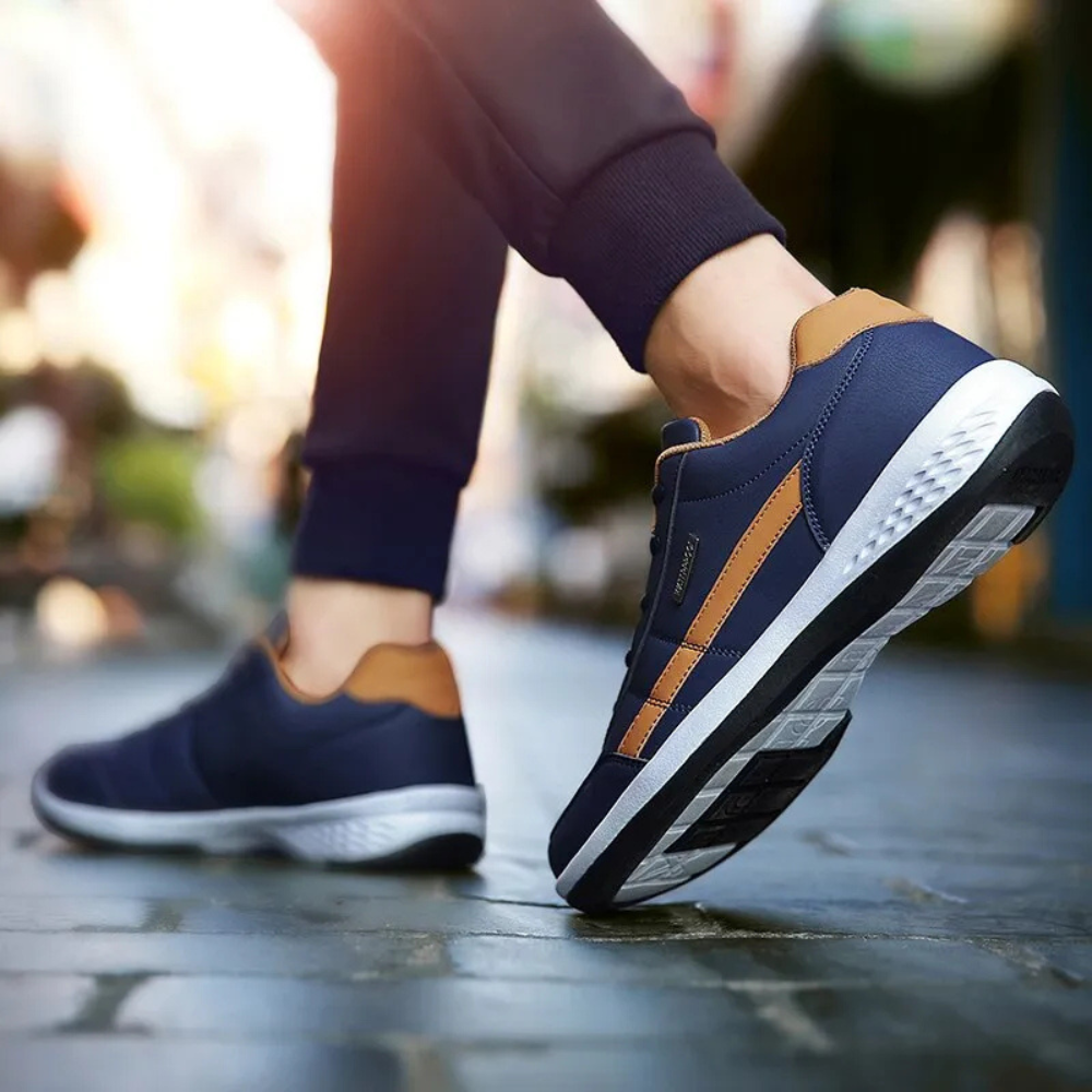 "Blauwe orthopedische leren sneakers heren, met luxe uitstraling en comfortabele binnenzool voor optimale voetboogondersteuni