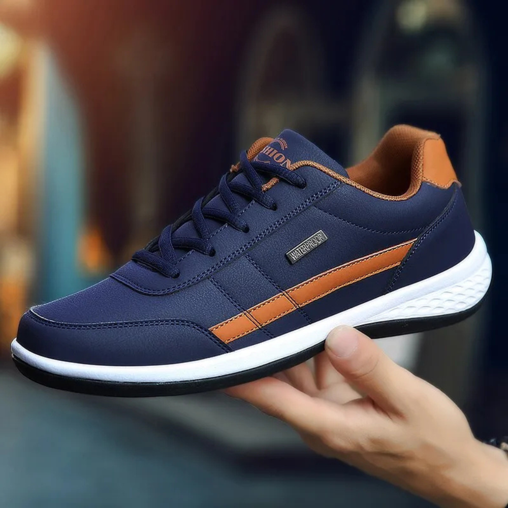 "Blauwe orthopedische leren sneakers heren, met luxe uitstraling en comfortabele binnenzool voor optimale voetboogondersteuni