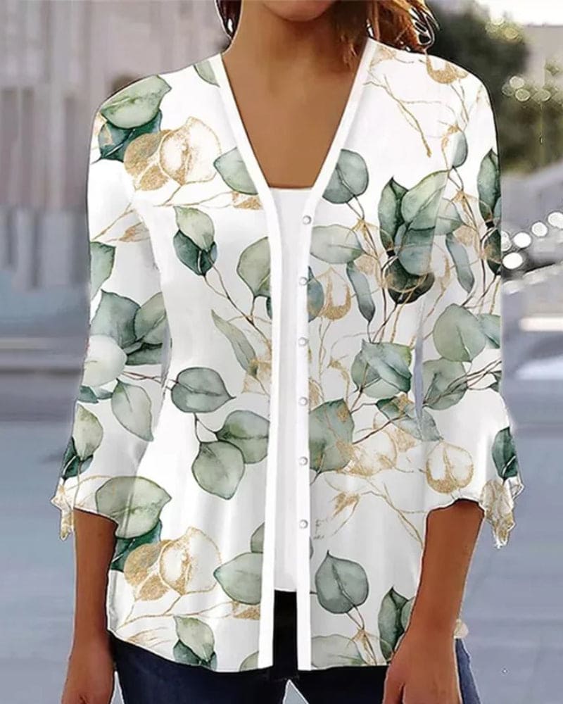 Blouse met bladerenprint, elegante V-hals, stijlvolle uitstraling; perfect voor elke gelegenheid, comfort en natuurlijke char