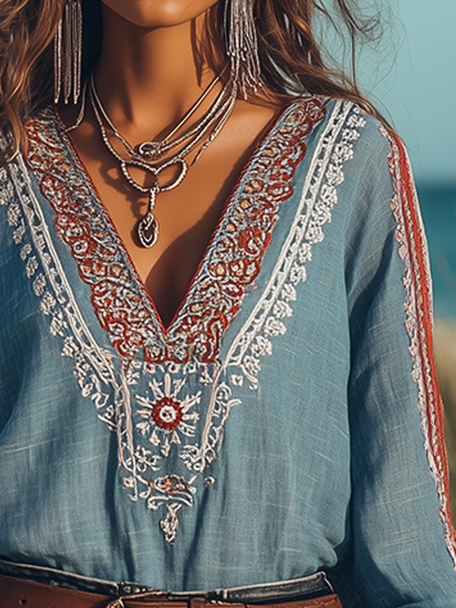 "Bohemian blouse met geborduurde details, V-hals, katoen-linnen stof, elegante zomerlook voor dames"