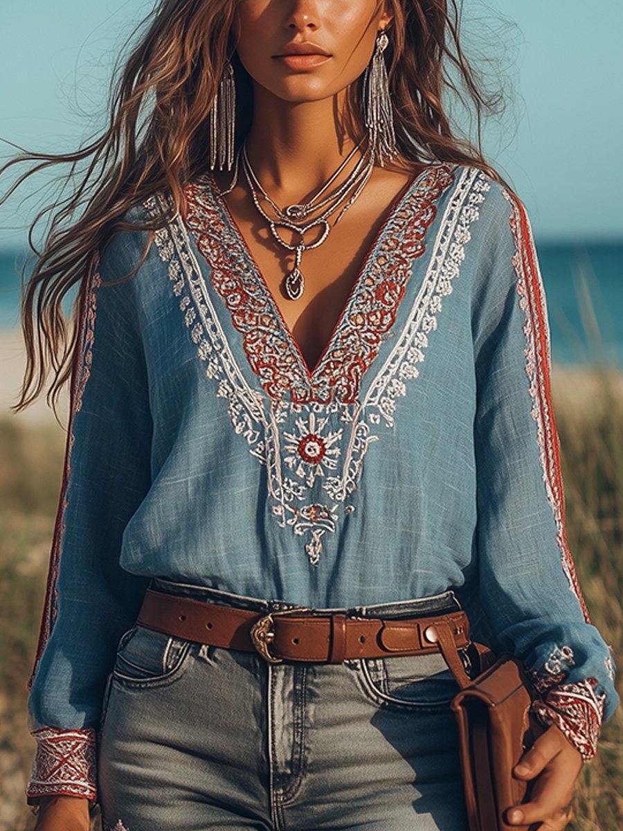 "Bohemian blouse met geborduurde details, V-hals, katoen-linnen stof, elegante zomerlook voor dames"