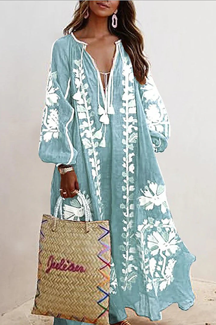"Boho maxi jurk met bloemmotieven, luchtige pasvorm, zomerstijl, wijde mouwen, vrouwelijk en comfortabel, elegante bloemenpri