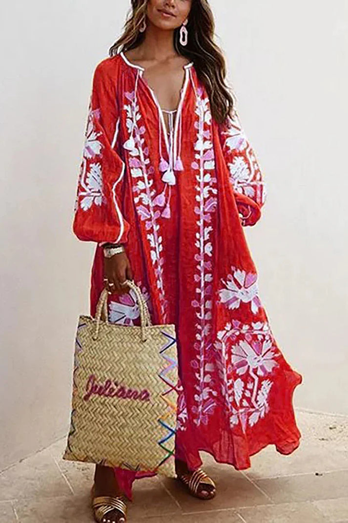"Boho maxi jurk met bloemmotieven, luchtige pasvorm, zomerstijl, wijde mouwen, vrouwelijk en comfortabel, elegante bloemenpri