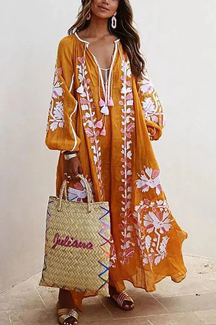 "Boho maxi jurk met bloemmotieven, luchtige pasvorm, zomerstijl, wijde mouwen, vrouwelijk en comfortabel, elegante bloemenpri