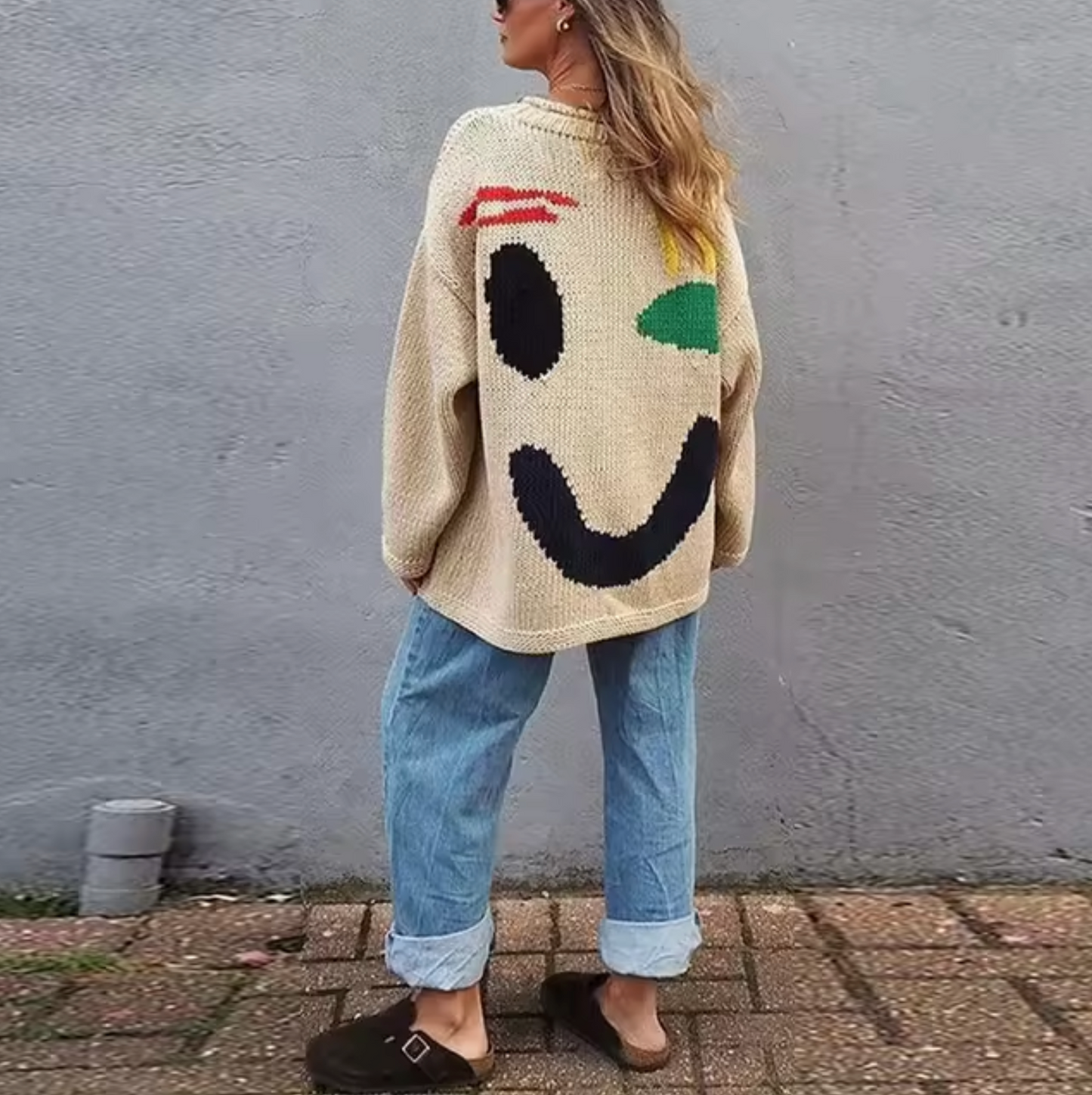 "Boho oversized trui met smile graphic, zachte katoenen stof, casual en trendy voor herfst en winter."