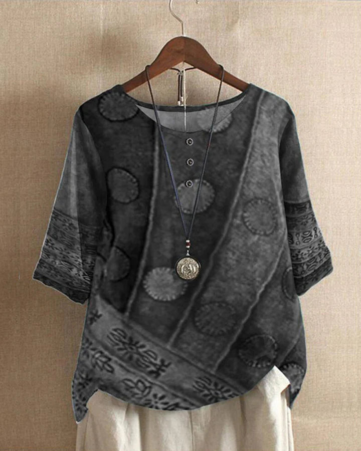 "Boho top dames met wijnoogstprint, comfortabele losvallende pasvorm, ideaal voor elegante en alledaagse gelegenheden."