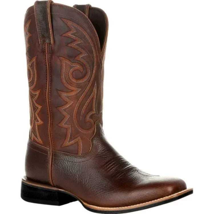 "Bruine leren cowboylaarzen heren, westernstijl, mid-kuit, vierkante teen, totempatroon, duurzame PU constructie."