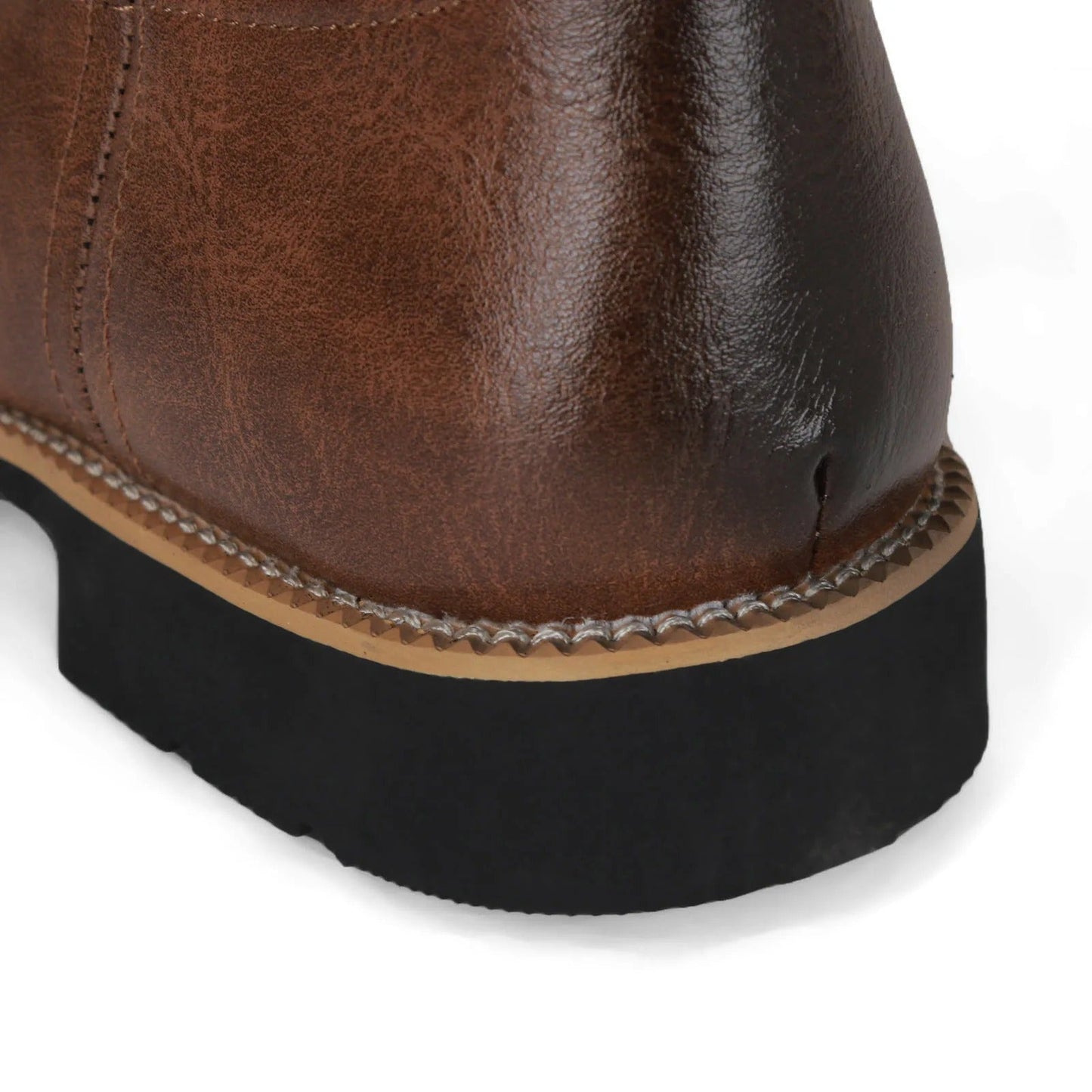 "Bruine leren cowboylaarzen heren, westernstijl, mid-kuit, vierkante teen, totempatroon, duurzame PU constructie."